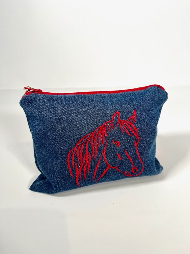 Embroidered Zipper Bag-Denim Red Horse