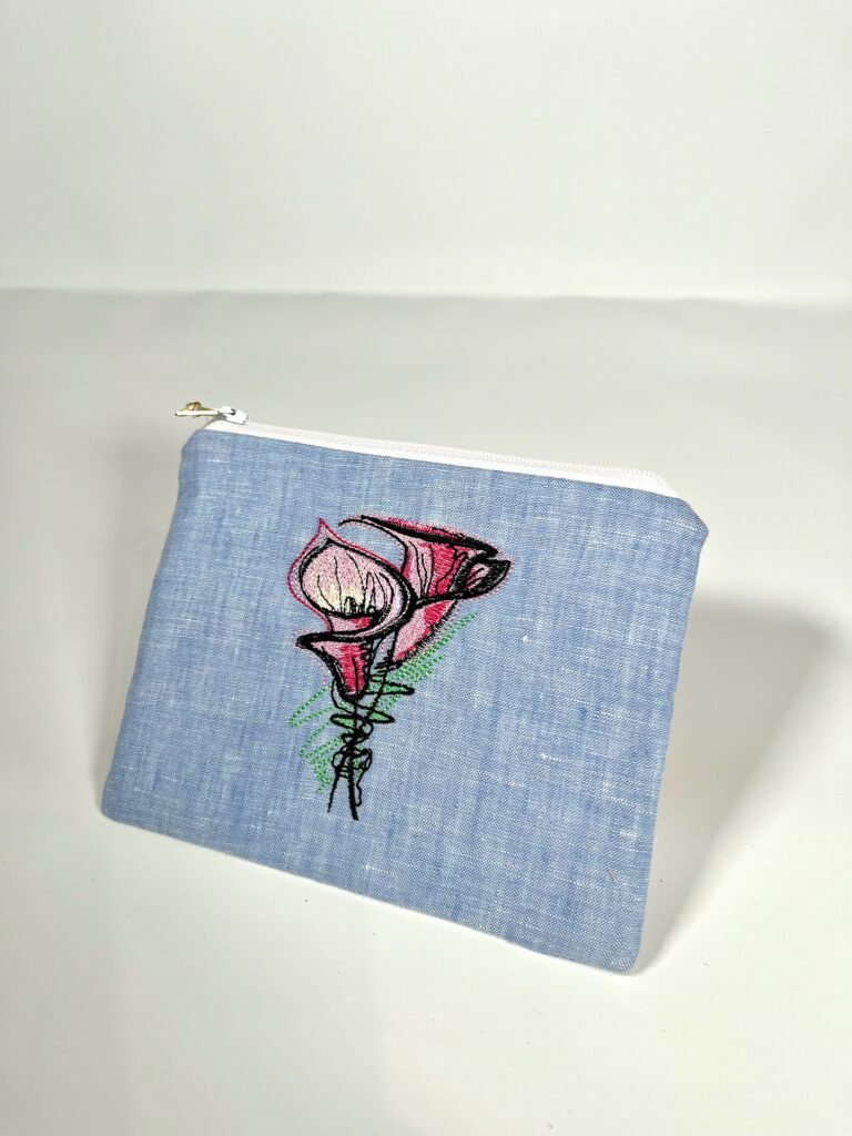 Embroidered Zipper Bag-Light blue linen shirting antharium